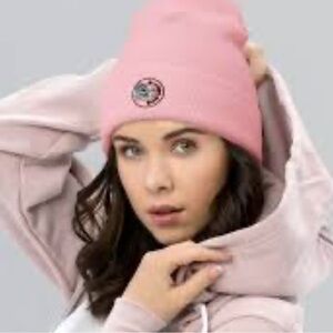 New Montauk The End Beanie Hat in Pink with Ribbed Cuff and Logo Patch One Size